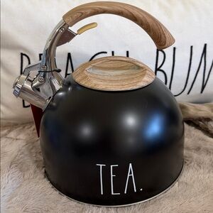 Rae Dunn Stainless Steel Whistling Stovetop Tea Kettle Black Faux Wooden Handle